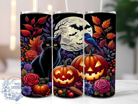 Halloween Black Cat 20oz Skinny Tumbler, Spooky Cat Tumbler Png, Straight & Tapered Tumbler Wrap, Instant Digital Download Sublimation ToriDesigns 