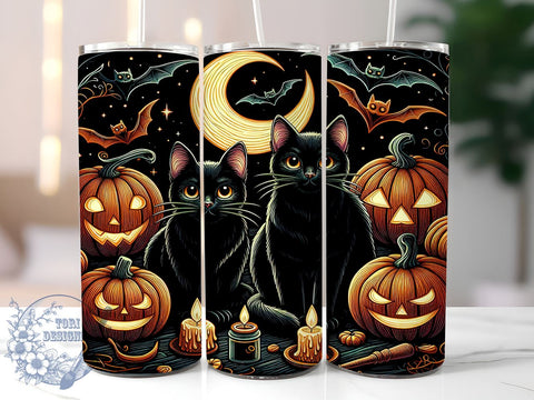Halloween Black Cat 20oz Skinny Tumbler, Spooky Cat Tumbler Png, Straight & Tapered Tumbler Wrap, Instant Digital Download Sublimation ToriDesigns 