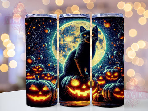 Halloween Black Cat 20oz Tumbler Wrap Sublimation Design, Straight Tapered Tumbler Wrap, Full Moon Black Cat Tumbler Png, Instant Digital Download Sublimation SvggirlplusArt 
