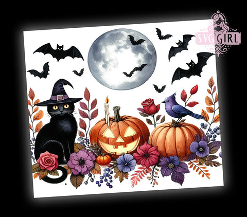 Halloween Black Cat 20oz Tumbler Wrap Sublimation Design, Straight Tapered Tumbler Wrap, Spooky Halloween Tumbler Png, Instant Digital Download Sublimation SvggirlplusArt 