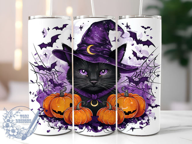 Halloween Black Cat and Bats 20oz Skinny Tumbler, Creepy Cat Tumbler Png, Straight & Tapered Tumbler Wrap, Instant Digital Download Sublimation ToriDesigns 
