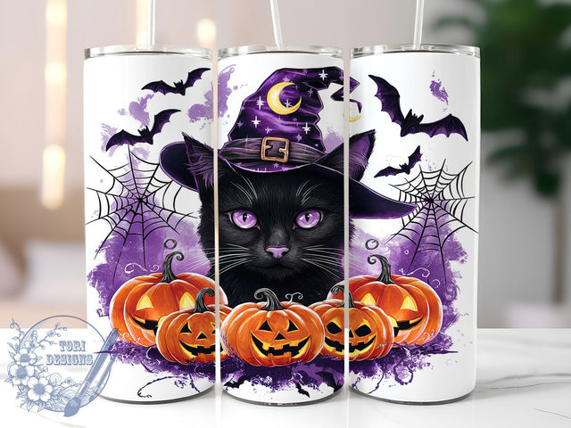Halloween Black Cat and Bats 20oz Skinny Tumbler, Creepy Cat Tumbler Png, Straight & Tapered Tumbler Wrap, Instant Digital Download Sublimation ToriDesigns 