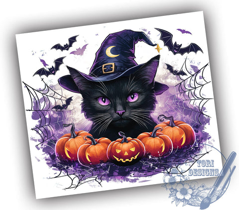 Halloween Black Cat and Bats 20oz Skinny Tumbler, Creepy Cat Tumbler Png, Straight & Tapered Tumbler Wrap, Instant Digital Download Sublimation ToriDesigns 