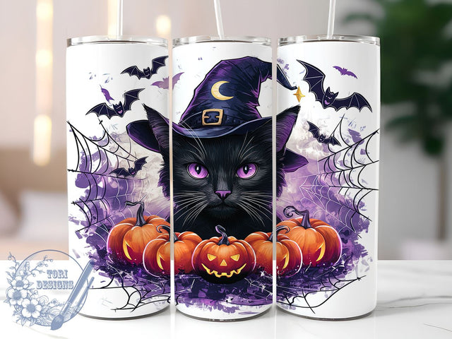 Halloween Black Cat and Bats 20oz Skinny Tumbler, Creepy Cat Tumbler Png, Straight & Tapered Tumbler Wrap, Instant Digital Download Sublimation ToriDesigns 