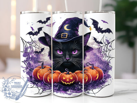 Halloween Black Cat and Bats 20oz Skinny Tumbler, Creepy Cat Tumbler Png, Straight & Tapered Tumbler Wrap, Instant Digital Download Sublimation ToriDesigns 