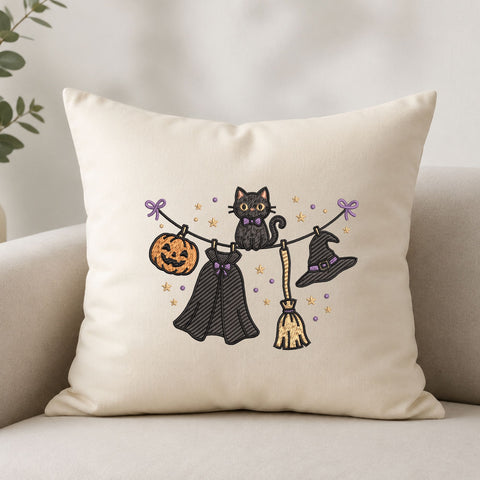 Halloween Black Cat Clothesline Machine Embroidery Design – Witch Hat Pumpkin Broom Spooky Embroidery File Embroidery/Applique DESIGNS PatternFeed8 