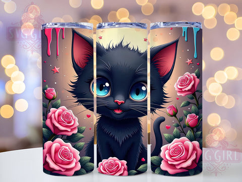 Halloween Black Cat Floral 20oz Tumbler Wrap Sublimation Design, Straight Tapered Tumbler Wrap, Black Cat Tumbler Png, Instant Digital Download Sublimation SvggirlplusArt 