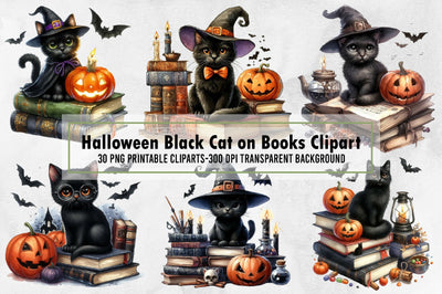 Halloween Black Cat on Books Clipart Sublimation designartist 