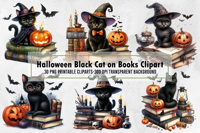 Halloween Black Cat on Books Clipart Sublimation designartist 