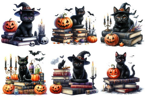 Halloween Black Cat on Books Clipart Sublimation designartist 