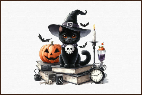 Halloween Black Cat on Books Clipart Sublimation designartist 