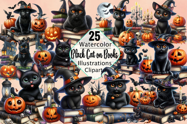 Halloween Black Cat on Books Sublimation Clipart Bundle Sublimation SVGArt 