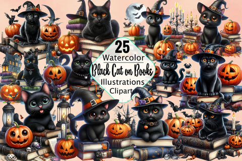 Halloween Black Cat on Books Sublimation Clipart Bundle Sublimation SVGArt 