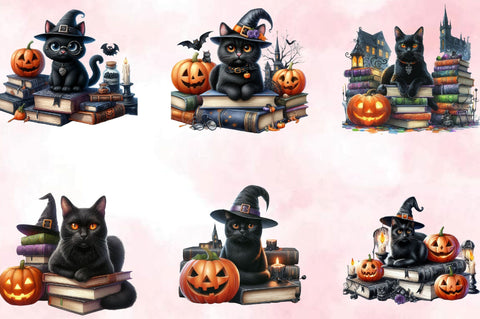 Halloween Black Cat on Books Sublimation Clipart Bundle Sublimation SVGArt 