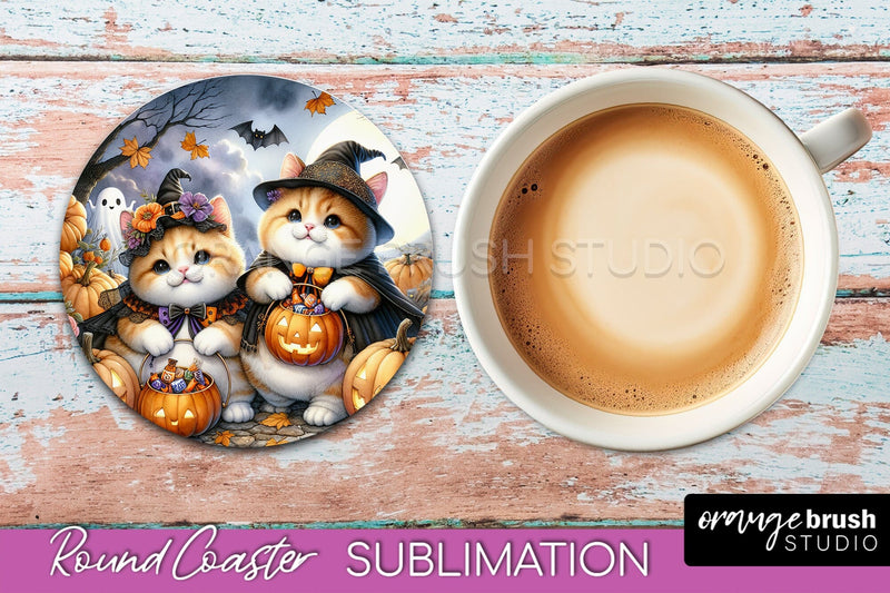 Halloween Black Cat Round Coaster, Cute Halloween Coaster Sublimation OrangeBrushStudio 