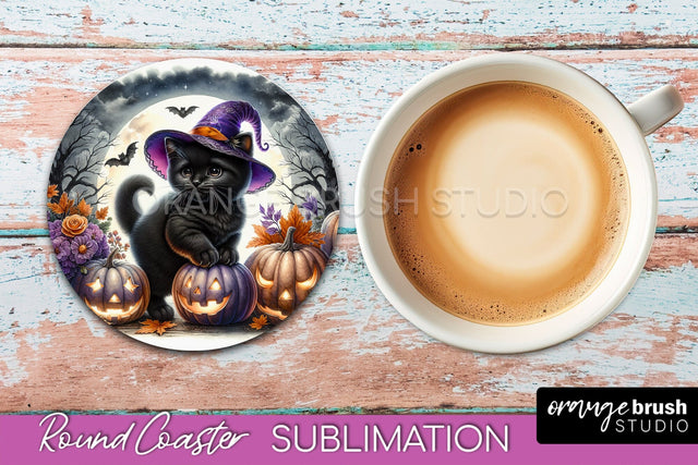 Halloween Black Cat Round Coaster, Cute Halloween Coaster Sublimation OrangeBrushStudio 