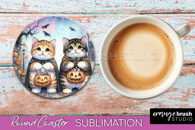 Halloween Black Cat Round Coaster, Cute Halloween Coaster Sublimation OrangeBrushStudio 