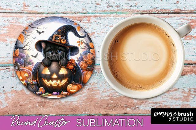 Halloween Black Cat Round Coaster, Cute Halloween Coaster Sublimation OrangeBrushStudio 