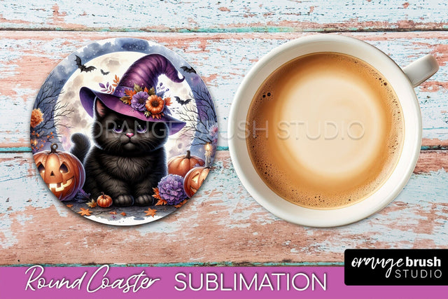 Halloween Black Cat Round Coaster, Cute Halloween Coaster Sublimation OrangeBrushStudio 