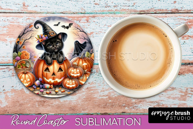 Halloween Black Cat Round Coaster, Cute Halloween Coaster Sublimation OrangeBrushStudio 