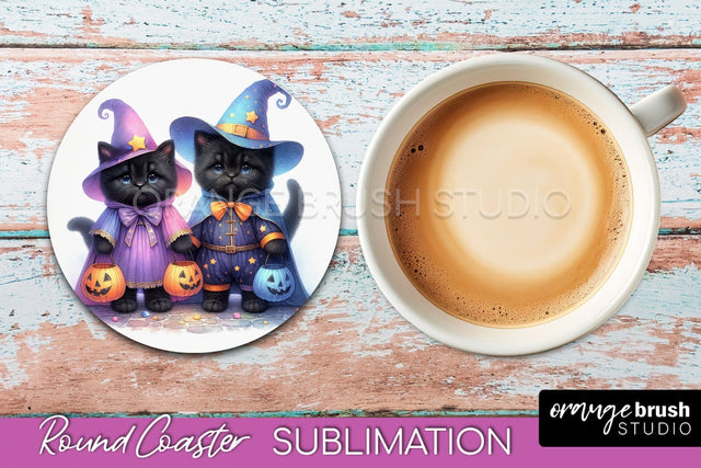 Halloween Black Cat Round Coaster, Cute Halloween Coaster Sublimation OrangeBrushStudio 