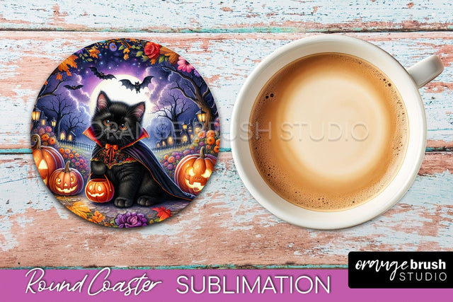 Halloween Black Cat Round Coaster, Cute Halloween Coaster Sublimation OrangeBrushStudio 