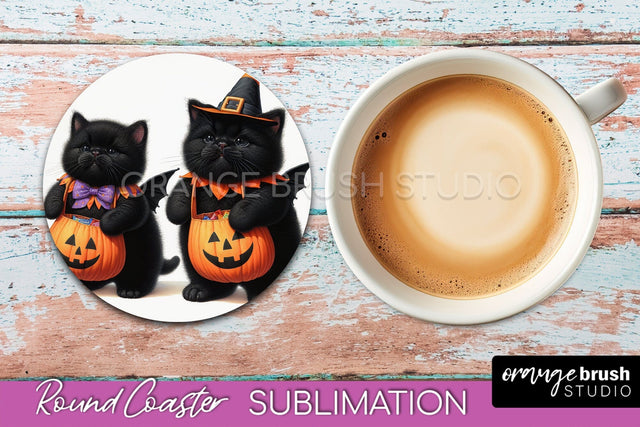 Halloween Black Cat Round Coaster, Cute Halloween Coaster Sublimation OrangeBrushStudio 