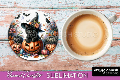 Halloween Black Cat Round Coaster, Cute Halloween Coaster Sublimation OrangeBrushStudio 