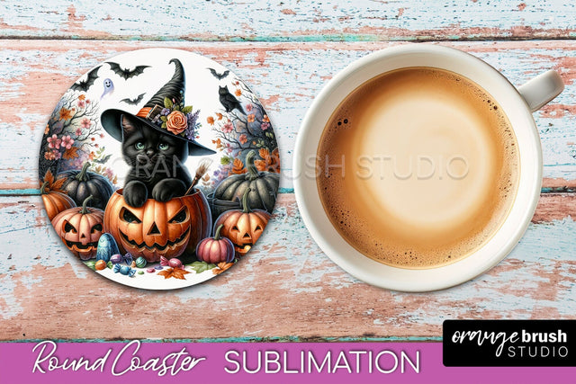 Halloween Black Cat Round Coaster, Cute Halloween Coaster Sublimation OrangeBrushStudio 