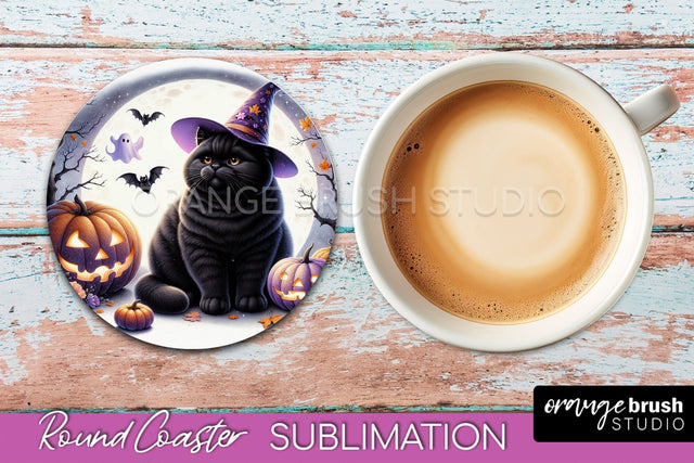 Halloween Black Cat Round Coaster, Cute Halloween Coaster Sublimation OrangeBrushStudio 