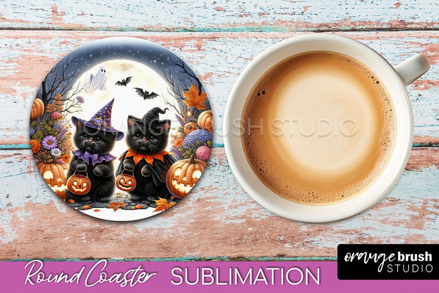 Halloween Black Cat Round Coaster, Cute Halloween Coaster Sublimation OrangeBrushStudio 