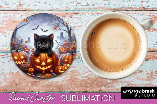 Halloween Black Cat Round Coaster, Cute Halloween Coaster Sublimation OrangeBrushStudio 