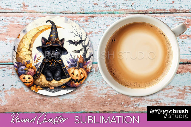 Halloween Black Cat Round Coaster, Cute Halloween Coaster Sublimation OrangeBrushStudio 