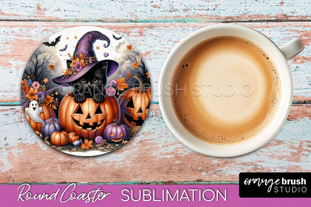 Halloween Black Cat Round Coaster, Cute Halloween Coaster Sublimation OrangeBrushStudio 