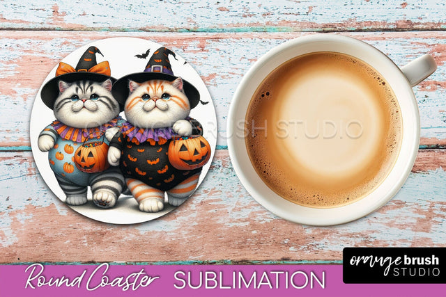 Halloween Black Cat Round Coaster, Cute Halloween Coaster Sublimation OrangeBrushStudio 