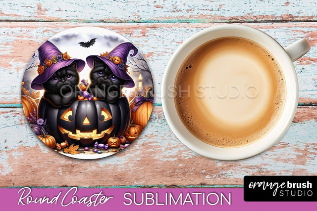 Halloween Black Cat Round Coaster, Cute Halloween Coaster Sublimation OrangeBrushStudio 