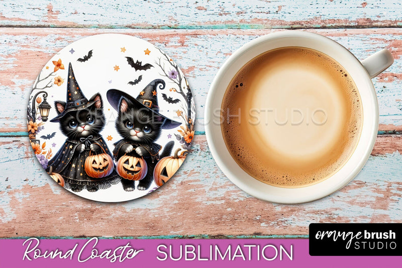 Halloween Black Cat Round Coaster, Cute Halloween Coaster Sublimation OrangeBrushStudio 
