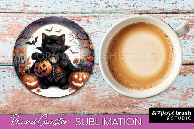 Halloween Black Cat Round Coaster, Cute Halloween Coaster Sublimation OrangeBrushStudio 