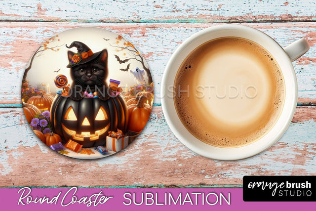 Halloween Black Cat Round Coaster, Cute Halloween Coaster Sublimation OrangeBrushStudio 