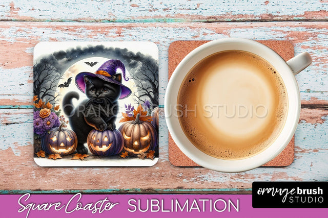 Halloween Black Cat Square Coaster, Cute Halloween Coaster Sublimation OrangeBrushStudio 