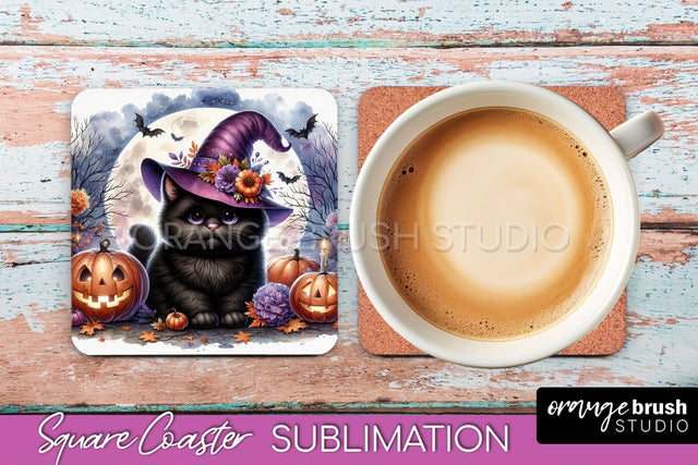 Halloween Black Cat Square Coaster, Cute Halloween Coaster Sublimation OrangeBrushStudio 