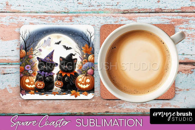 Halloween Black Cat Square Coaster, Cute Halloween Coaster Sublimation OrangeBrushStudio 