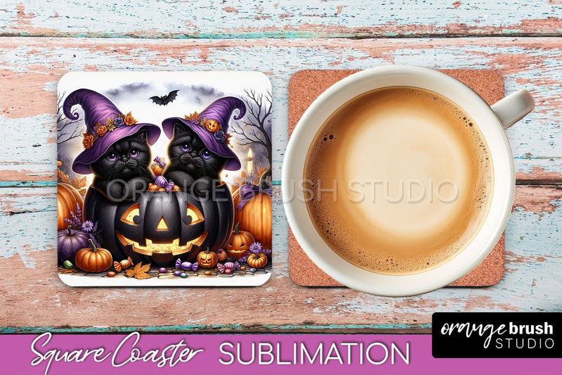 Halloween Black Cat Square Coaster, Cute Halloween Coaster Sublimation OrangeBrushStudio 