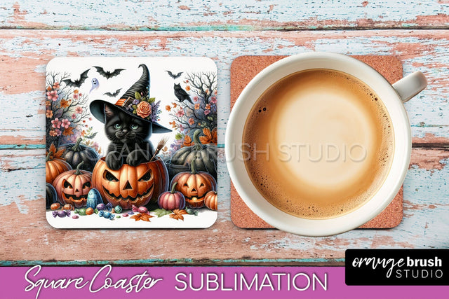 Halloween Black Cat Square Coaster, Cute Halloween Coaster Sublimation OrangeBrushStudio 