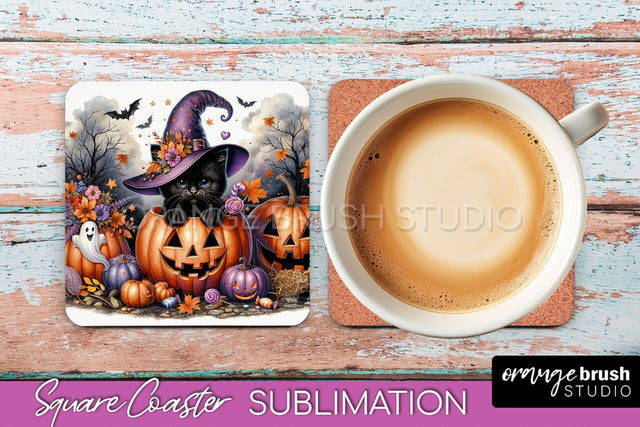 Halloween Black Cat Square Coaster, Cute Halloween Coaster Sublimation OrangeBrushStudio 