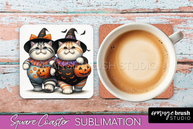Halloween Black Cat Square Coaster, Cute Halloween Coaster Sublimation OrangeBrushStudio 