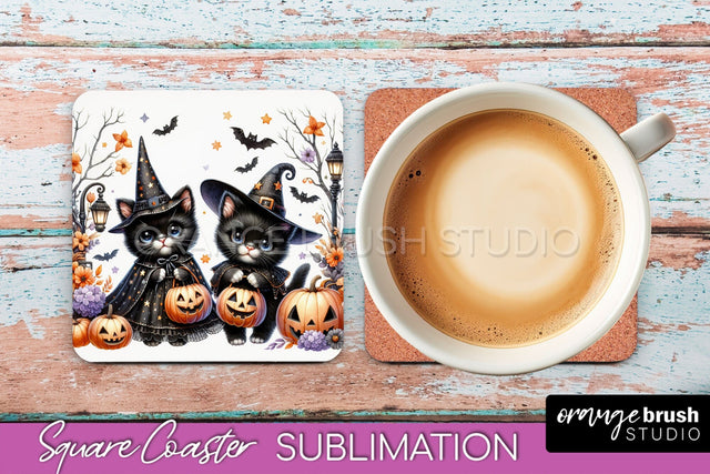 Halloween Black Cat Square Coaster, Cute Halloween Coaster Sublimation OrangeBrushStudio 