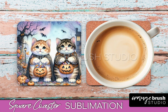 Halloween Black Cat Square Coaster, Cute Halloween Coaster Sublimation OrangeBrushStudio 