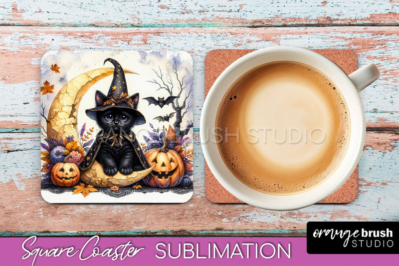 Halloween Black Cat Square Coaster, Cute Halloween Coaster Sublimation OrangeBrushStudio 