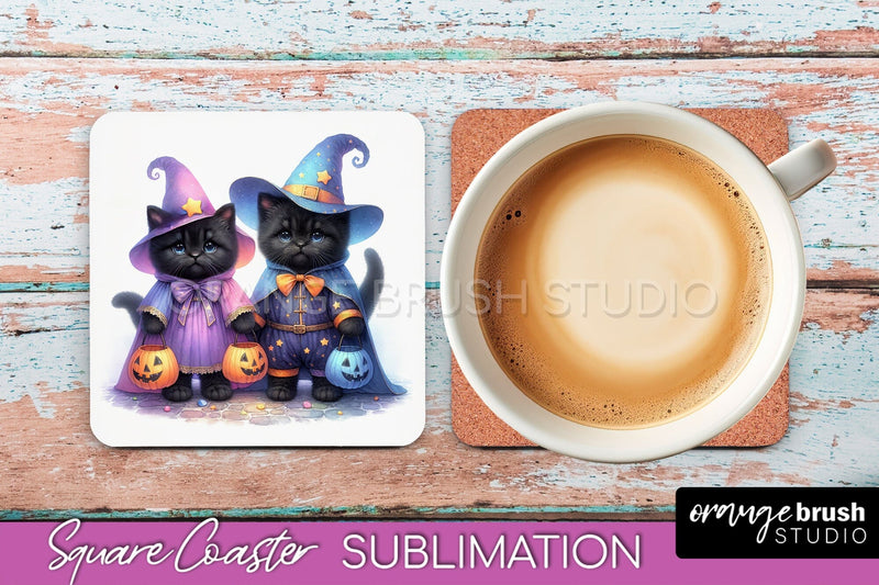 Halloween Black Cat Square Coaster, Cute Halloween Coaster Sublimation OrangeBrushStudio 